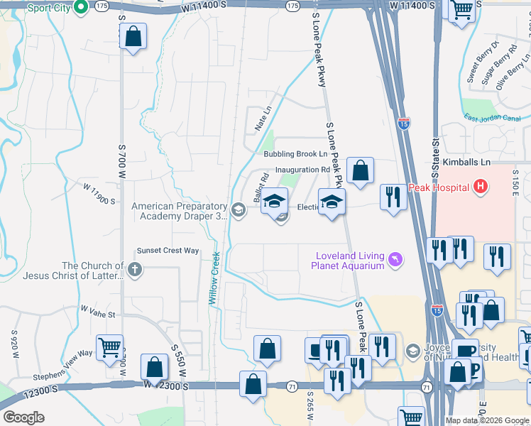 map of restaurants, bars, coffee shops, grocery stores, and more near 381 West Election Road in Draper