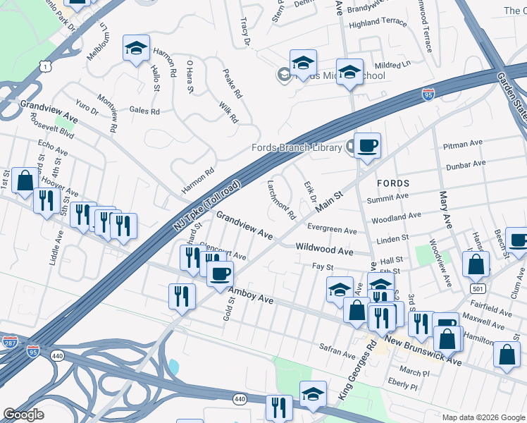 map of restaurants, bars, coffee shops, grocery stores, and more near 8 Adelphi Court in Edison
