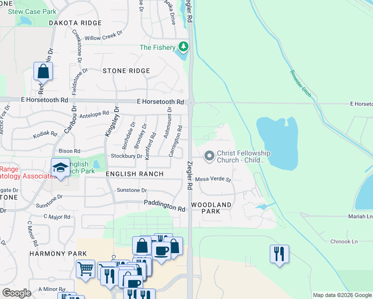map of restaurants, bars, coffee shops, grocery stores, and more near 3761 Carrington Circle in Fort Collins