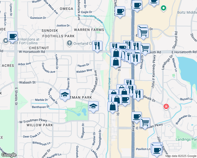 map of restaurants, bars, coffee shops, grocery stores, and more near 3812 Manhattan Avenue in Fort Collins
