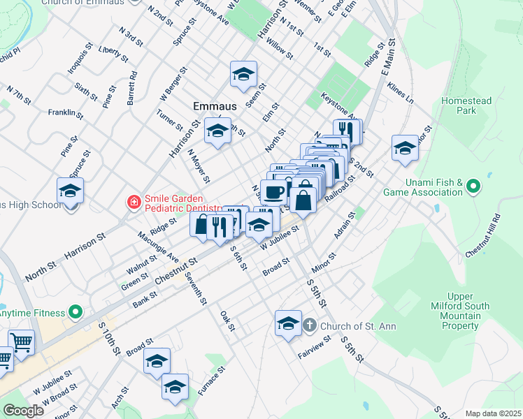 map of restaurants, bars, coffee shops, grocery stores, and more near in Emmaus