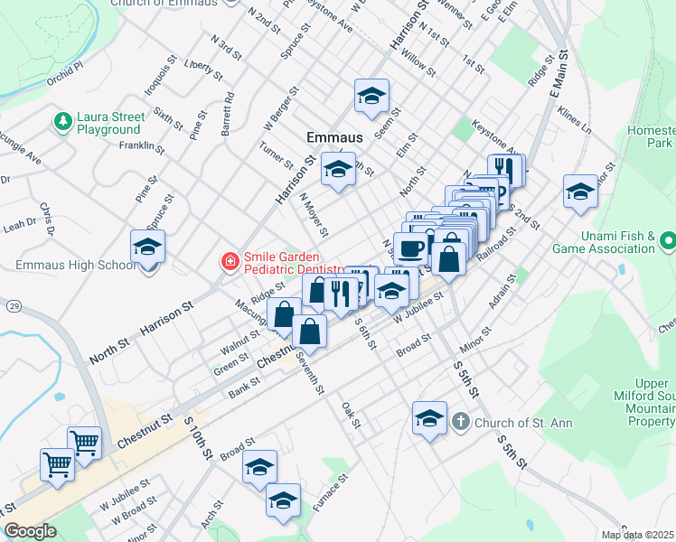 map of restaurants, bars, coffee shops, grocery stores, and more near 569 Ridge Street in Emmaus
