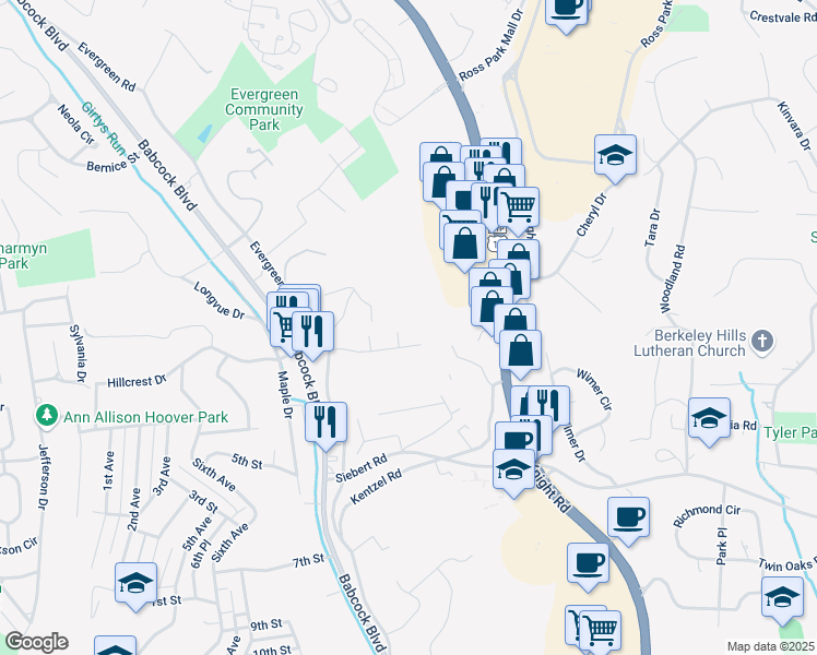 map of restaurants, bars, coffee shops, grocery stores, and more near 129 Idaway Drive in Pittsburgh