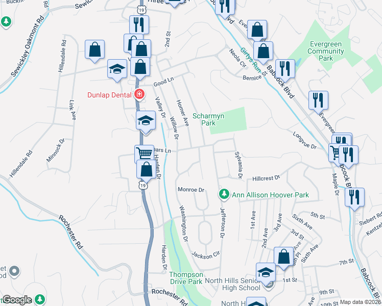 map of restaurants, bars, coffee shops, grocery stores, and more near 976 Willow Drive in Pittsburgh