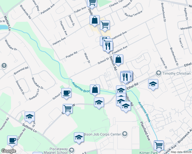 map of restaurants, bars, coffee shops, grocery stores, and more near 78 Andrews Way in Piscataway