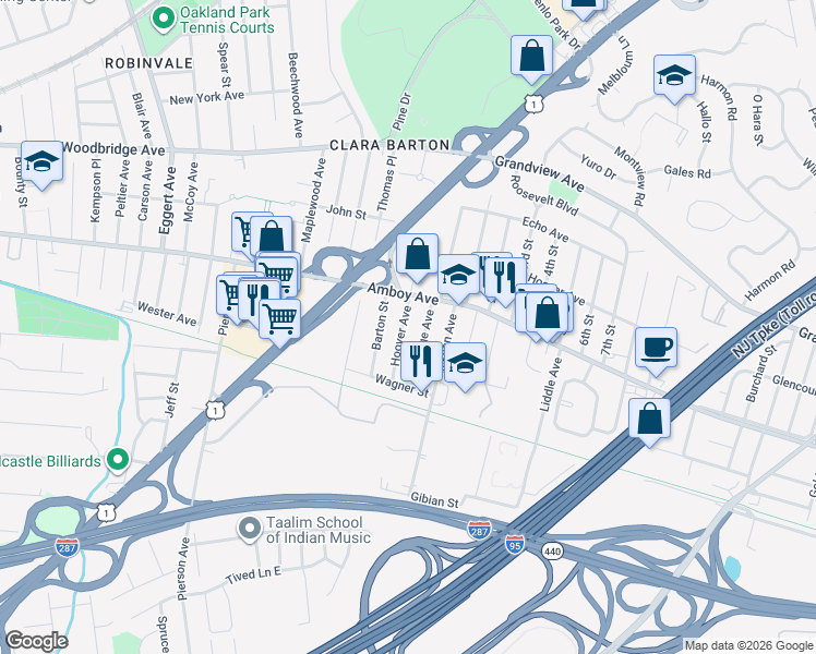 map of restaurants, bars, coffee shops, grocery stores, and more near 353 Hoover Avenue in Edison