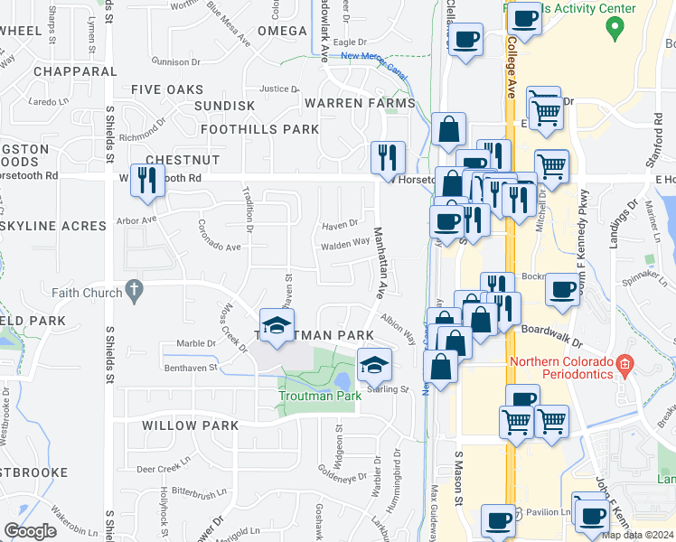 map of restaurants, bars, coffee shops, grocery stores, and more near 515 Dennison Court in Fort Collins