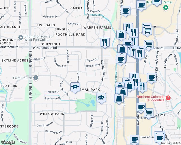 map of restaurants, bars, coffee shops, grocery stores, and more near 521 Dennison Court in Fort Collins
