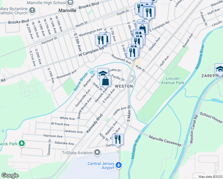 map of restaurants, bars, coffee shops, grocery stores, and more near 611 East Frech Avenue in Manville