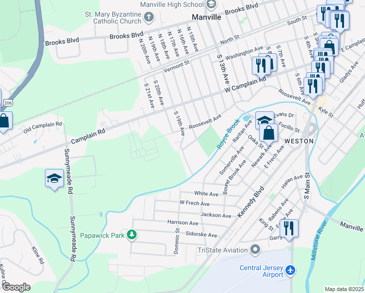 map of restaurants, bars, coffee shops, grocery stores, and more near 1830 Colorado Avenue in Manville