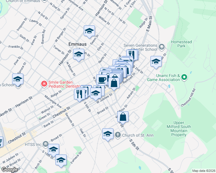 map of restaurants, bars, coffee shops, grocery stores, and more near 420 Chestnut Street in Emmaus