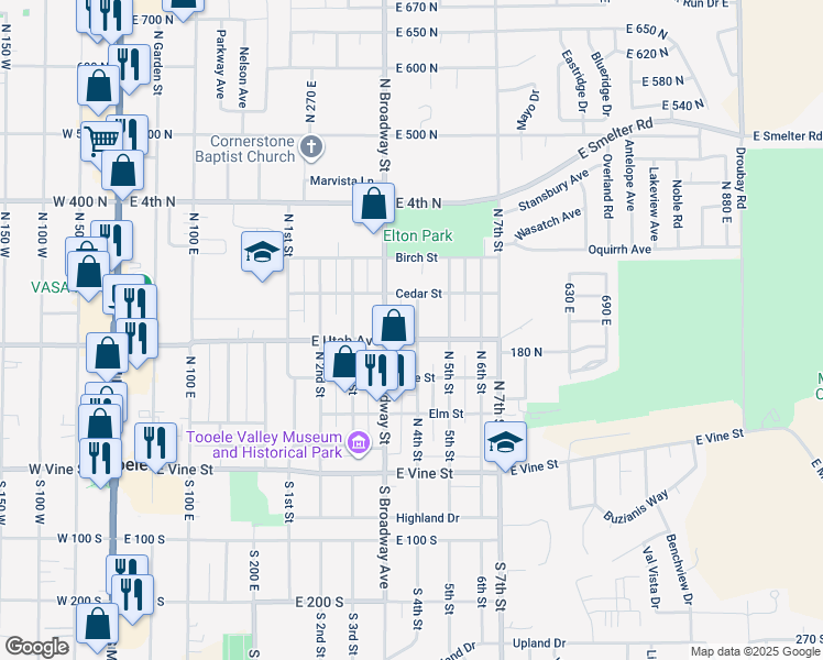 map of restaurants, bars, coffee shops, grocery stores, and more near 205 North 4th Street in Tooele