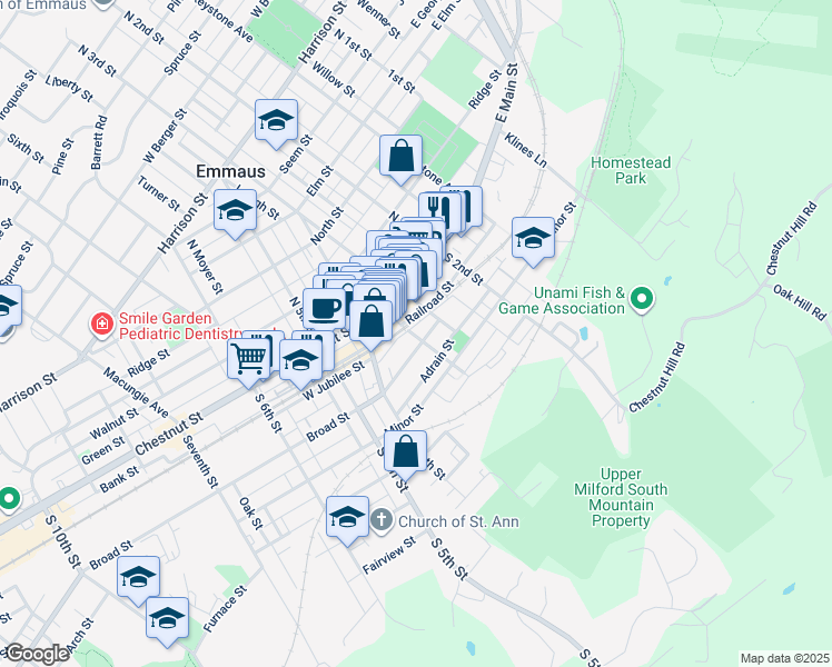 map of restaurants, bars, coffee shops, grocery stores, and more near 327-329 Broad Street in Emmaus