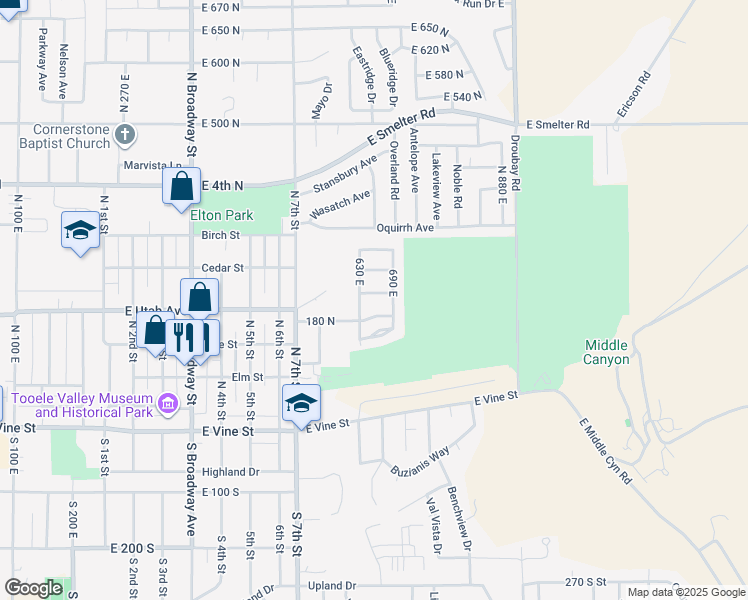 map of restaurants, bars, coffee shops, grocery stores, and more near 656 220 North in Tooele