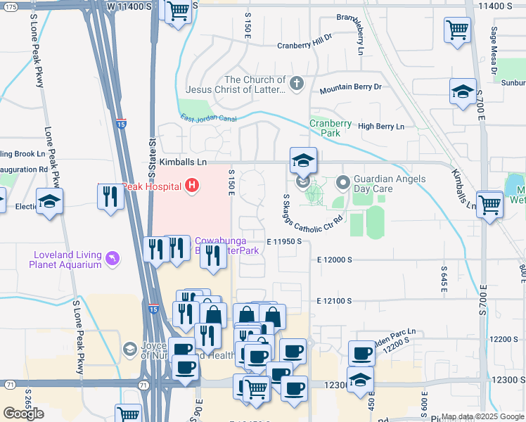 map of restaurants, bars, coffee shops, grocery stores, and more near 11885 Cottage View Lane in Draper
