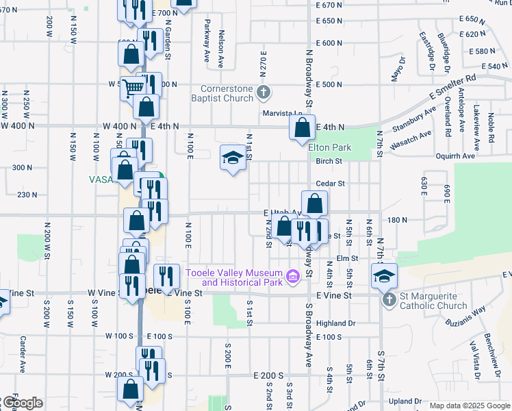 map of restaurants, bars, coffee shops, grocery stores, and more near 209 East Utah Avenue in Tooele
