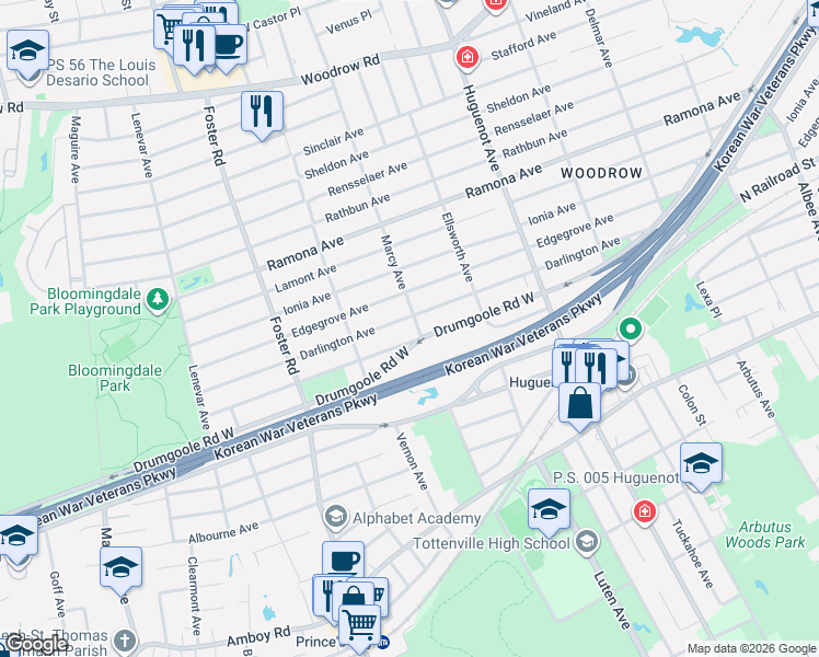 map of restaurants, bars, coffee shops, grocery stores, and more near 1650 Carlton Avenue in Staten Island