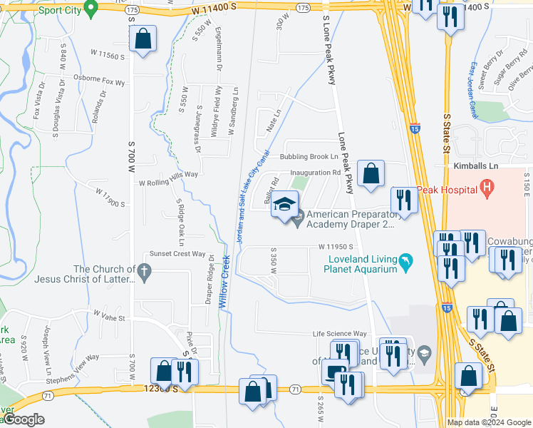map of restaurants, bars, coffee shops, grocery stores, and more near 401 West Election Road in Draper