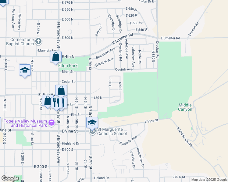 map of restaurants, bars, coffee shops, grocery stores, and more near 656 220 North in Tooele