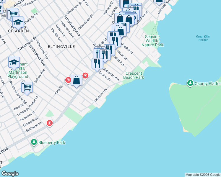 map of restaurants, bars, coffee shops, grocery stores, and more near 17 Thornycroft Avenue in Staten Island