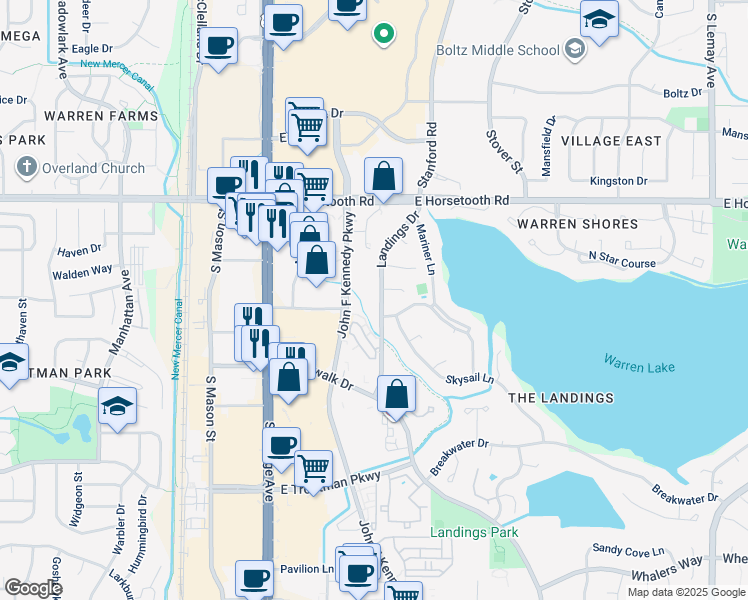 map of restaurants, bars, coffee shops, grocery stores, and more near 300 Spinnaker Lane in Fort Collins
