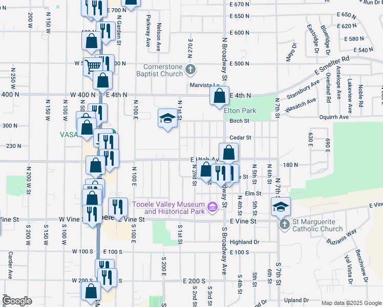 map of restaurants, bars, coffee shops, grocery stores, and more near 209 East Utah Avenue in Tooele