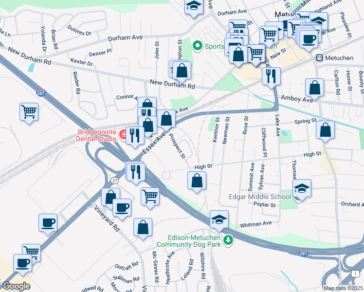 map of restaurants, bars, coffee shops, grocery stores, and more near 37 Prospect Street in Metuchen