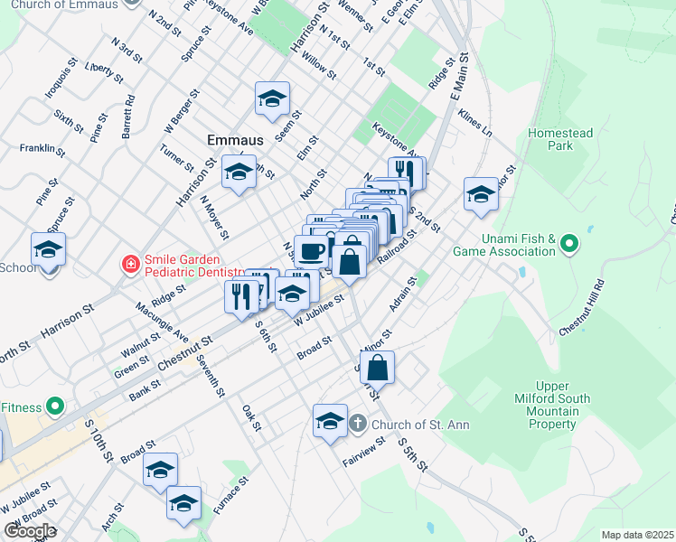 map of restaurants, bars, coffee shops, grocery stores, and more near 409 Railroad Street in Emmaus