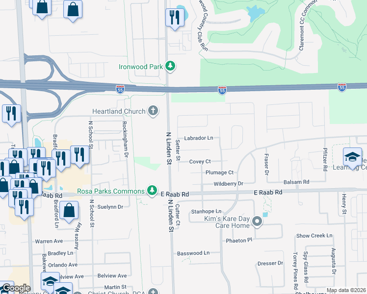map of restaurants, bars, coffee shops, grocery stores, and more near 307 Gambel Court in Normal