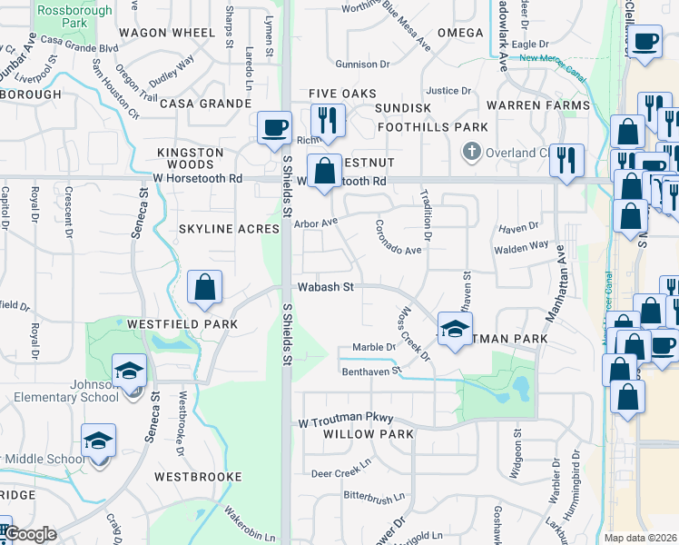 map of restaurants, bars, coffee shops, grocery stores, and more near 1020 Wabash Street in Fort Collins