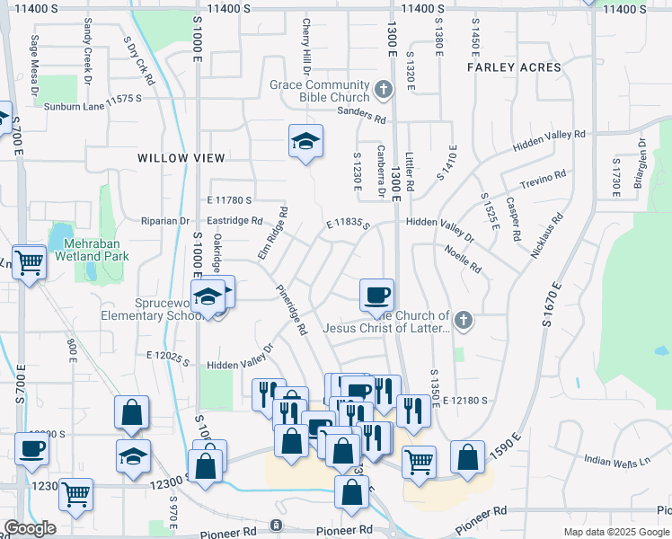 map of restaurants, bars, coffee shops, grocery stores, and more near 11918 Hidden Valley Drive in Sandy