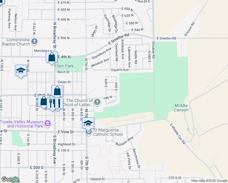 map of restaurants, bars, coffee shops, grocery stores, and more near 213 North 690 East in Tooele