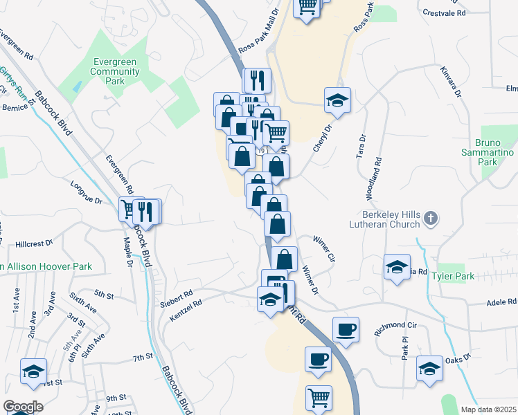 map of restaurants, bars, coffee shops, grocery stores, and more near 7209 McKnight Road in Pittsburgh
