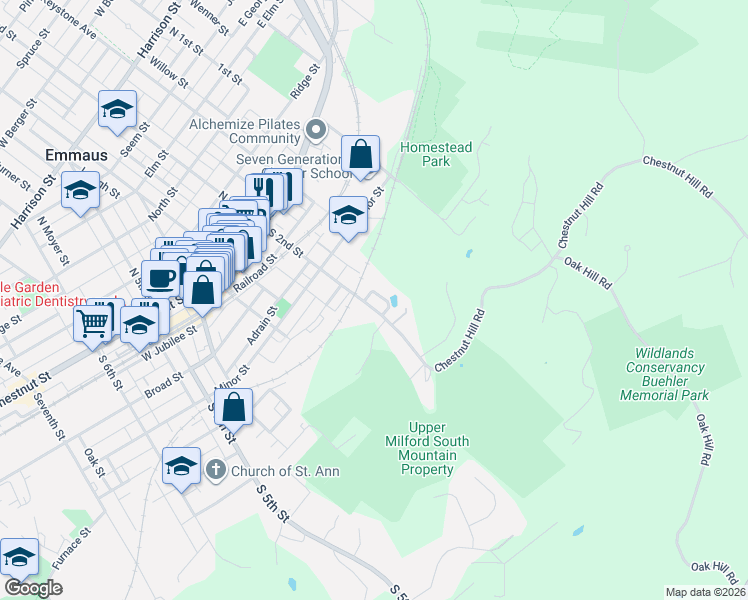 map of restaurants, bars, coffee shops, grocery stores, and more near 406 South 2nd Street in Emmaus