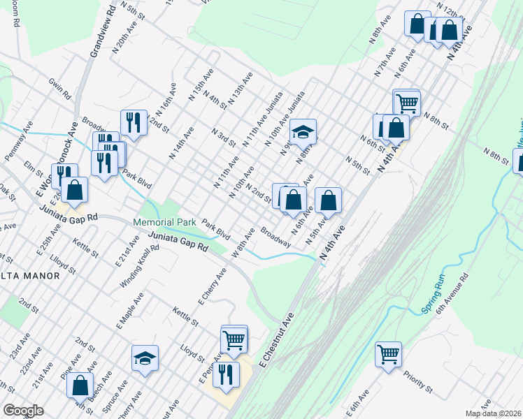 map of restaurants, bars, coffee shops, grocery stores, and more near 115 North 8th Avenue in Altoona