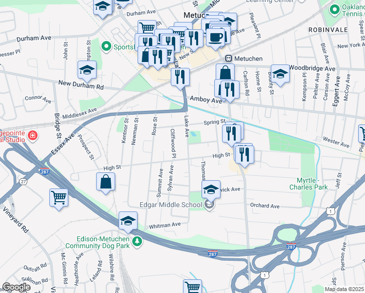 map of restaurants, bars, coffee shops, grocery stores, and more near 145 Lake Avenue in Metuchen