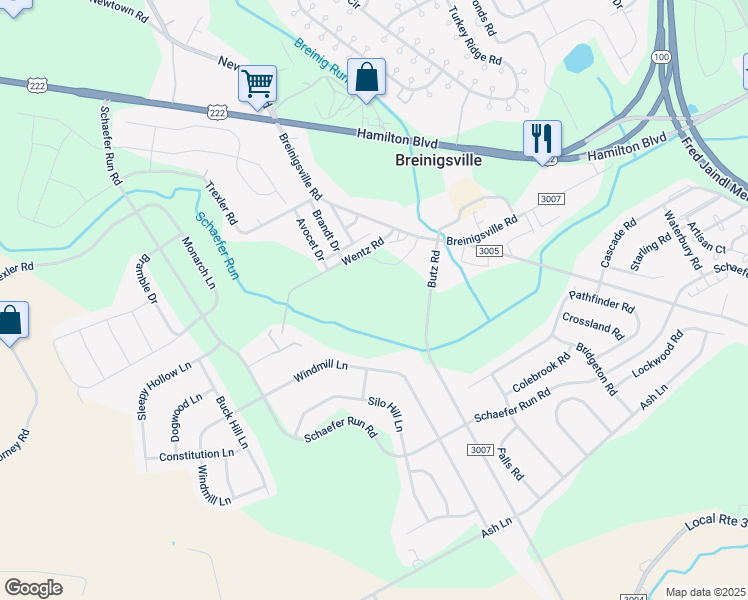 map of restaurants, bars, coffee shops, grocery stores, and more near 9032 Breinigsville Road in Breinigsville