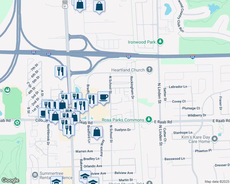 map of restaurants, bars, coffee shops, grocery stores, and more near 1700 North School Street in Normal