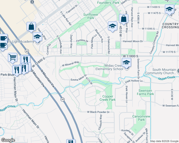 map of restaurants, bars, coffee shops, grocery stores, and more near 11915 Goldsmith Court in Herriman