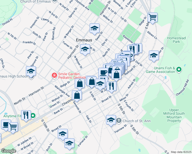 map of restaurants, bars, coffee shops, grocery stores, and more near 524 Ridge Street in Emmaus