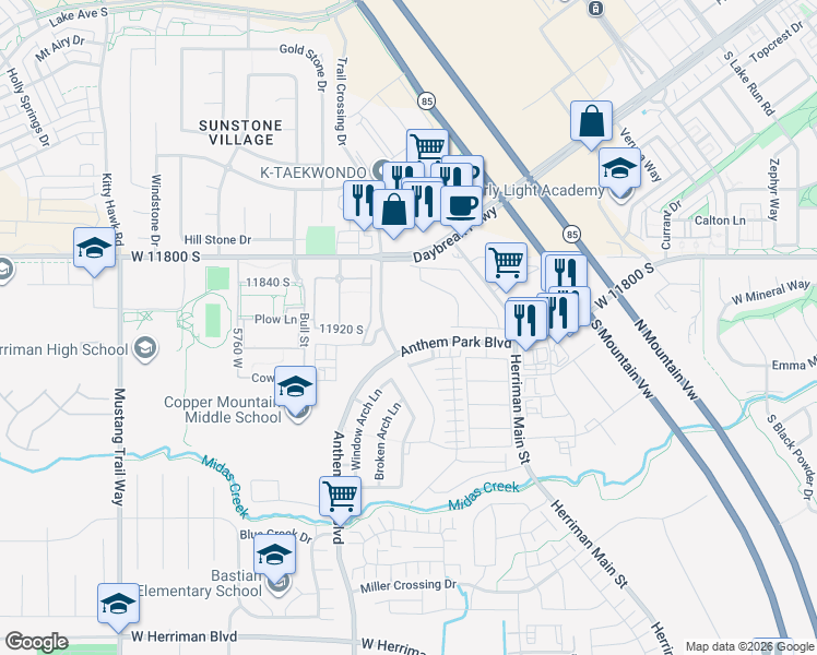 map of restaurants, bars, coffee shops, grocery stores, and more near 11501 Anthem Park Boulevard in Herriman