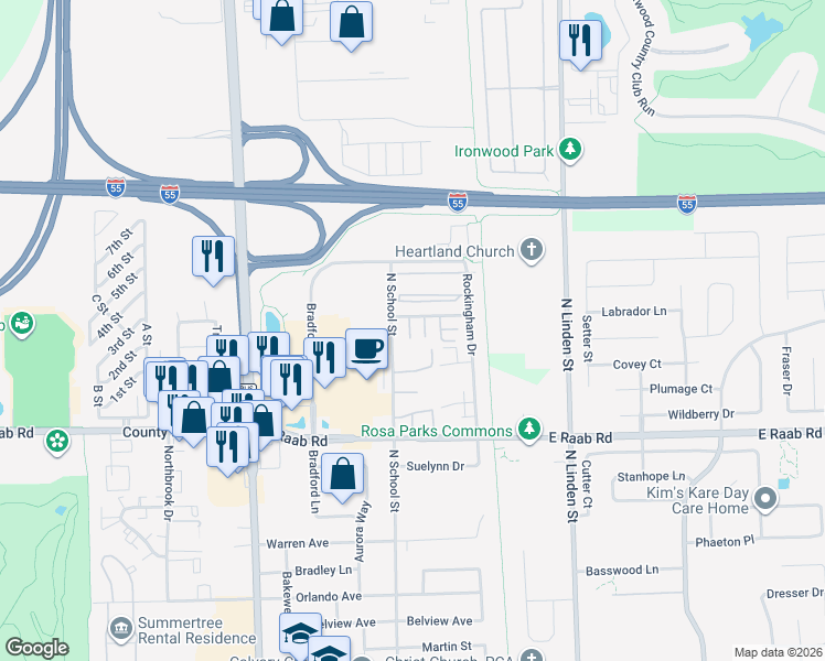 map of restaurants, bars, coffee shops, grocery stores, and more near 101 Northfield Drive in Normal