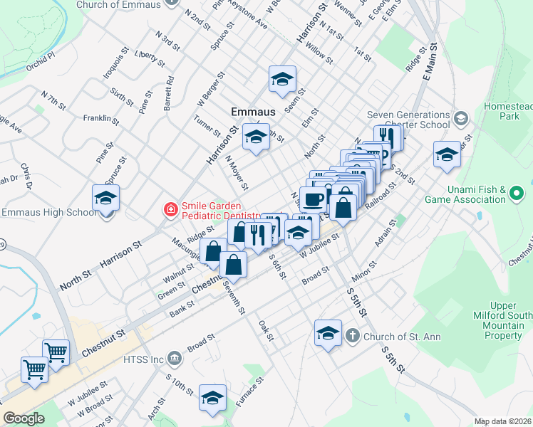 map of restaurants, bars, coffee shops, grocery stores, and more near 569 Ridge Street in Emmaus