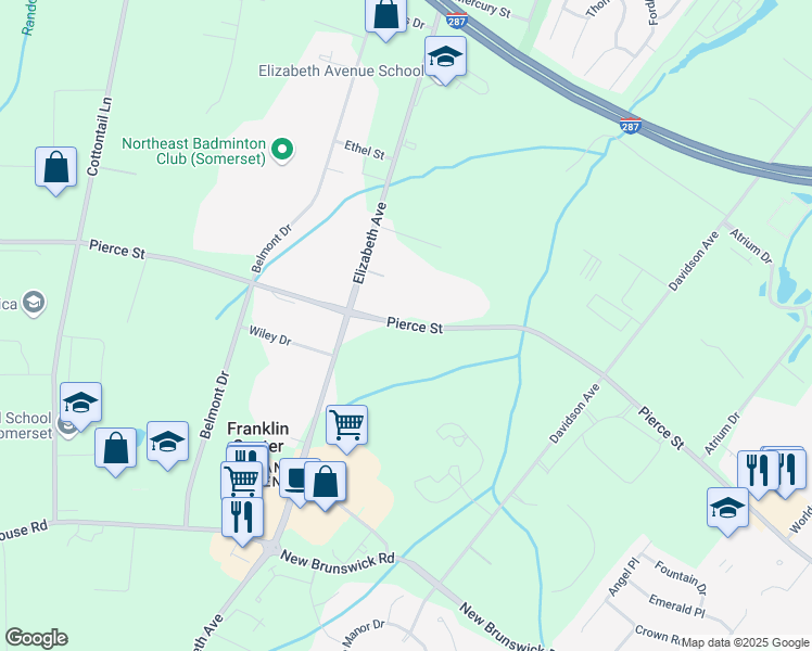 map of restaurants, bars, coffee shops, grocery stores, and more near Pierce Street in Franklin Township