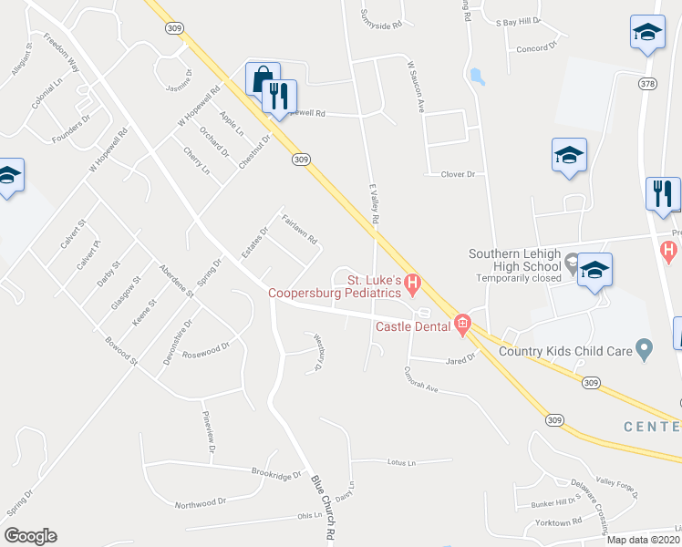 map of restaurants, bars, coffee shops, grocery stores, and more near 4106 Waterford Drive in Lehigh County