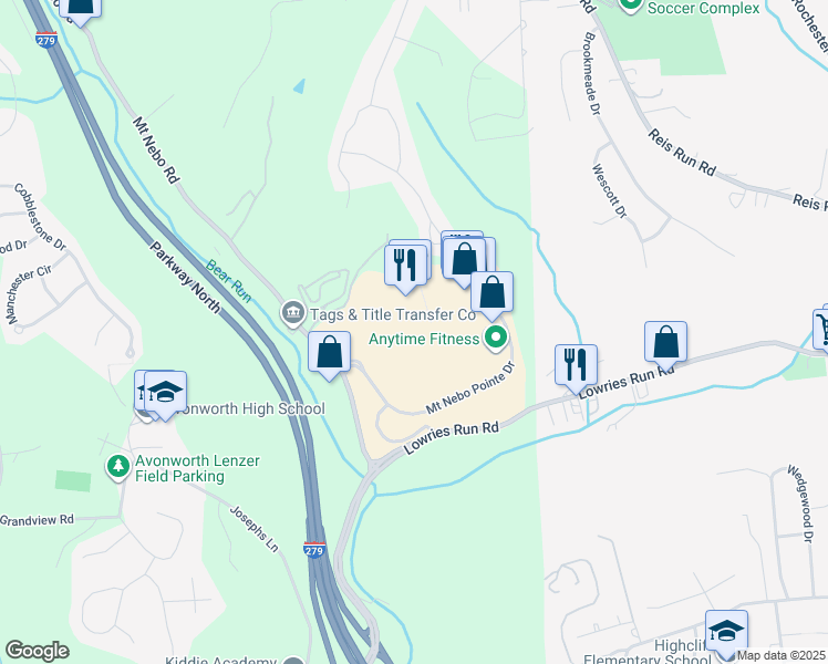 map of restaurants, bars, coffee shops, grocery stores, and more near Mount Nebo Pointe Drive in Pittsburgh