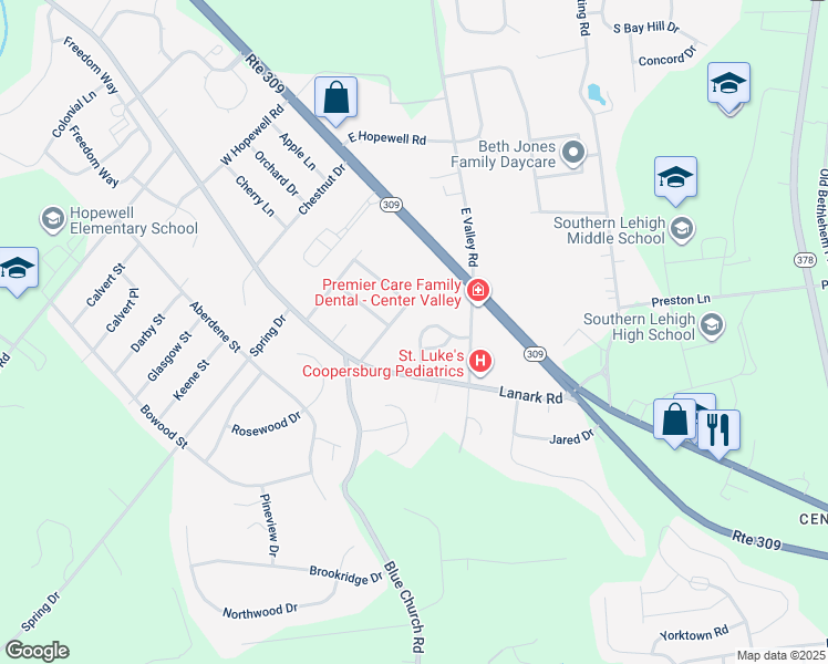 map of restaurants, bars, coffee shops, grocery stores, and more near 4139 Waterford Drive in Lehigh County
