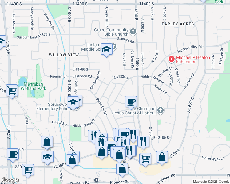 map of restaurants, bars, coffee shops, grocery stores, and more near 11938 Hidden Valley Drive in Sandy