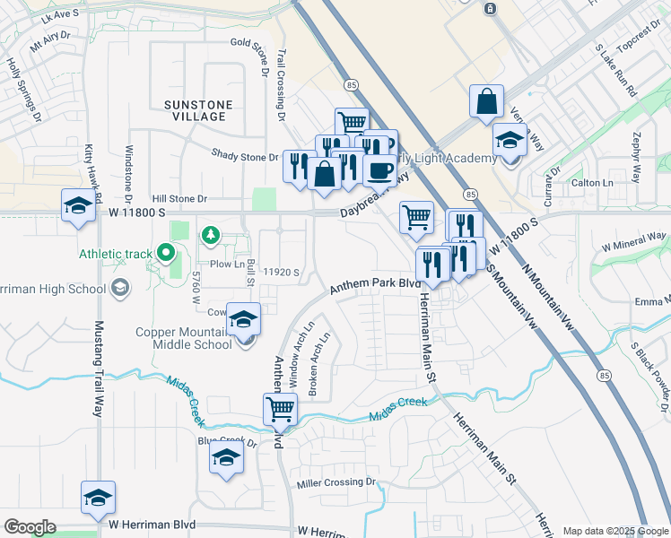 map of restaurants, bars, coffee shops, grocery stores, and more near 11501 Anthem Park Boulevard in Herriman