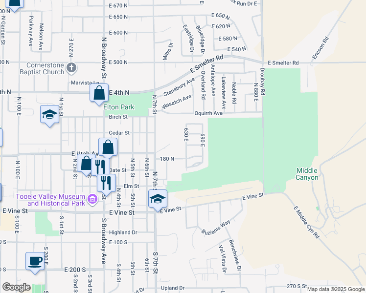 map of restaurants, bars, coffee shops, grocery stores, and more near 191 630 East in Tooele